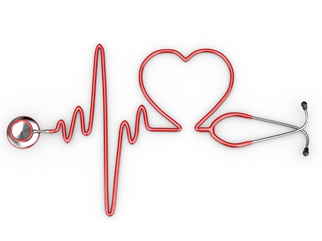 Stethoscope shaped into heartbeat and heart