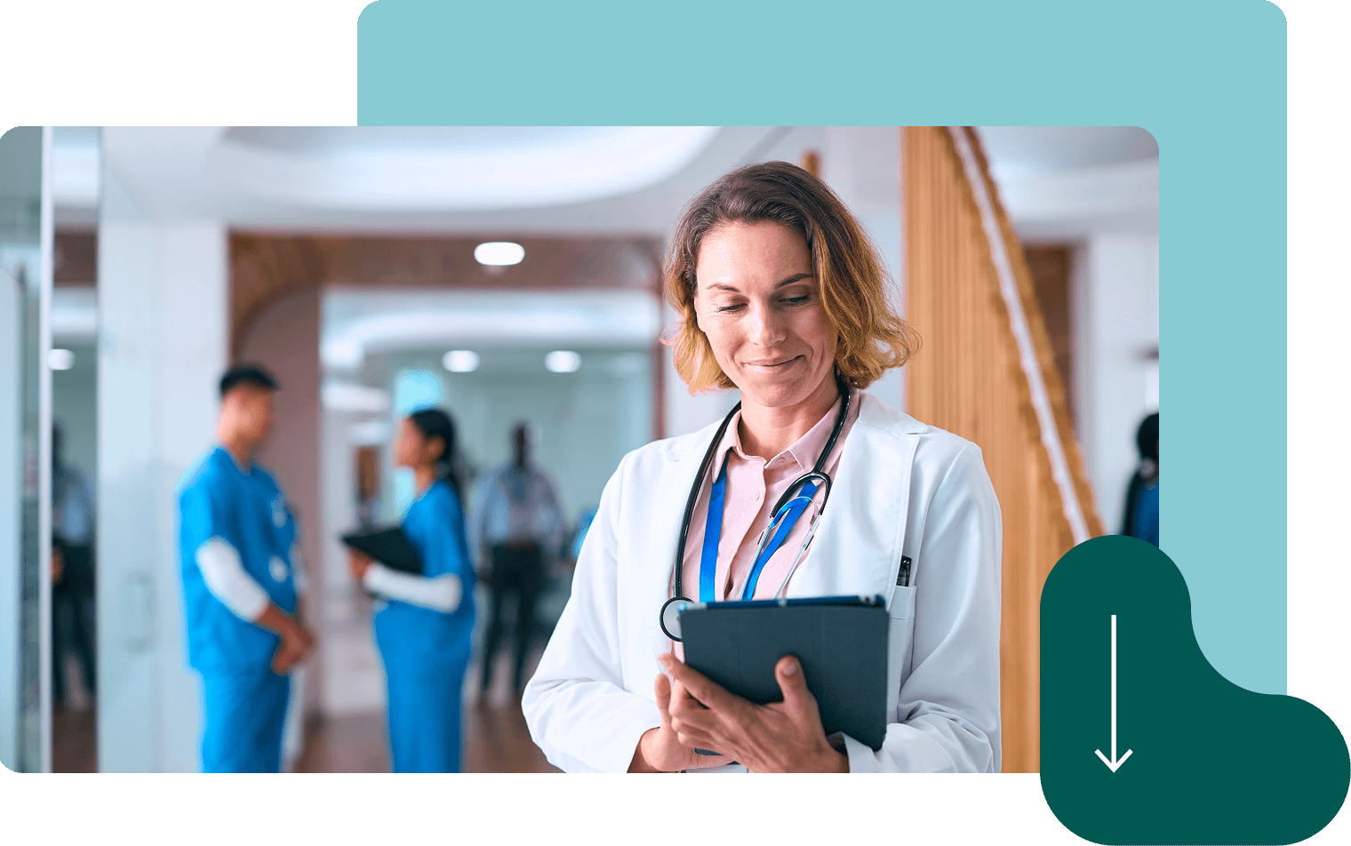 Confident female doctor with stethoscope holding clipboard in busy hospital hallway Confident female doctor with stethoscope holding clipboard in busy hospital hallway