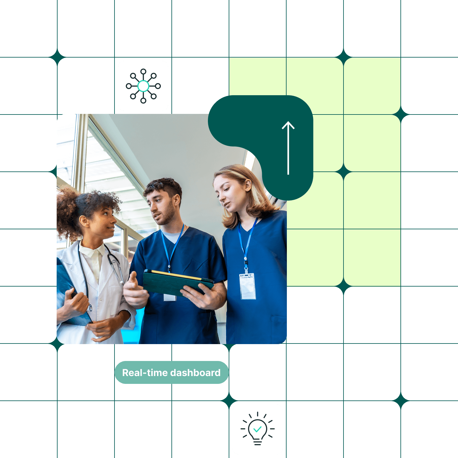 Healthcare professionals using real-time dashboard technology for patient monitoring and medical data analytics in modern hospital setting