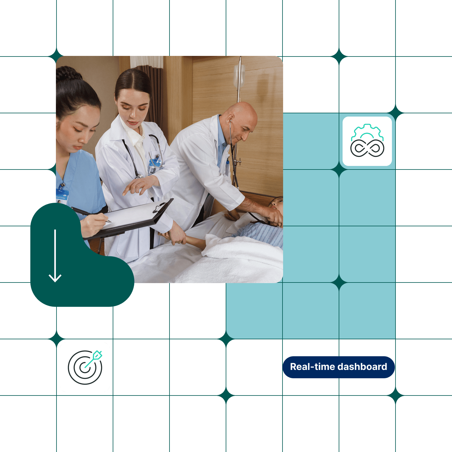 product-hero-1 Medical team conducting patient examination with real-time clinical dashboard integration for coordinated healthcare delivery