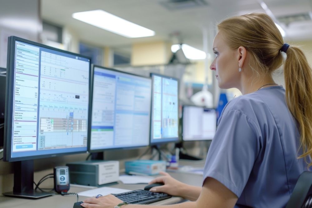 female-nurse-working-on-multiple-computer-monitors-in-a-hospital A nurse in blue scrubs sits at a desk, analysing patient data on three computer screens.