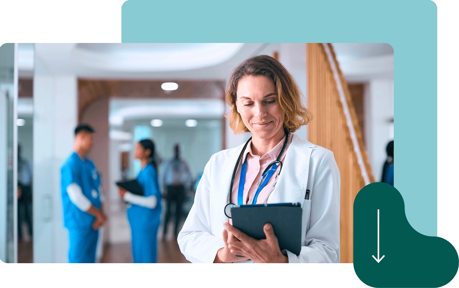 Confident female doctor with stethoscope holding clipboard in busy hospital hallway