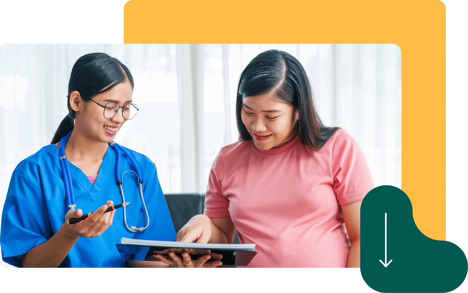 Smiling nurse in blue scrubs with stethoscope consulting female patient using tablet