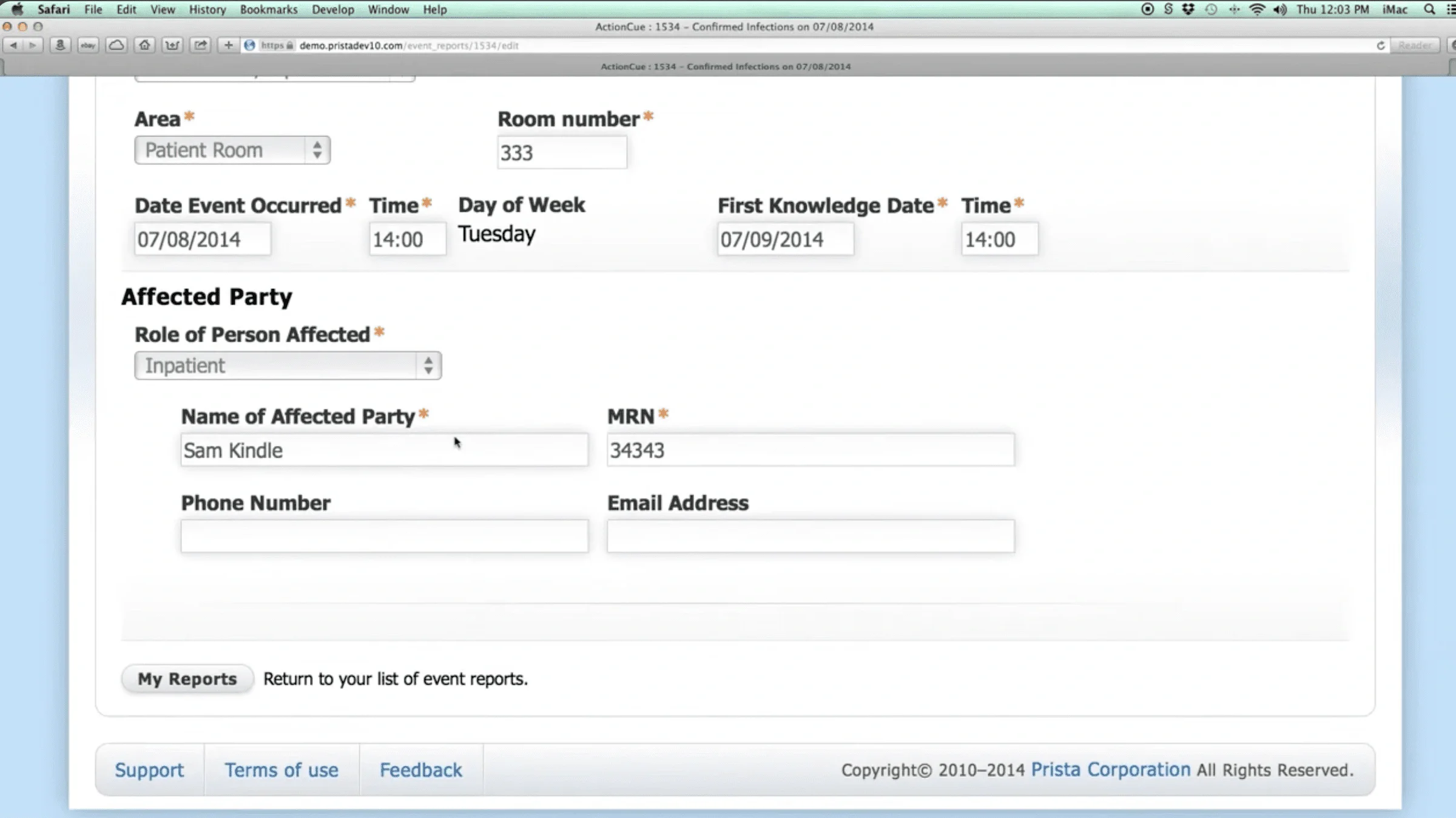 1 Hospital incident reporting software interface showing patient safety event documentation form with MRN tracking and date fields